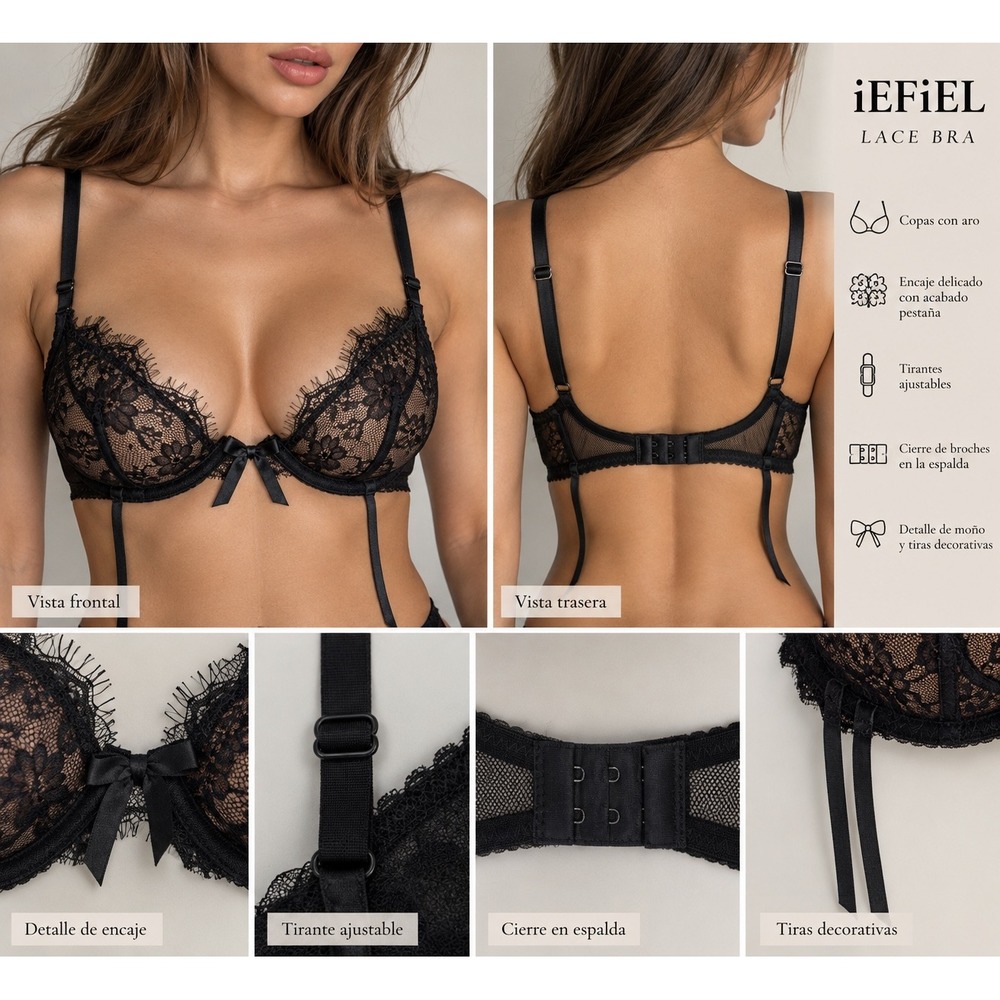 iEFiEL Black Eyelash Lace Underwire Bra Sheer Mesh Adjustable Straps Size L